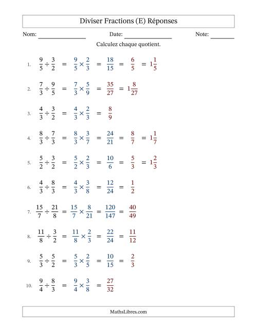 Diviser deux fractions impropres, et avec simplification dans quelques problèmes (Remplissable) (E) page 2