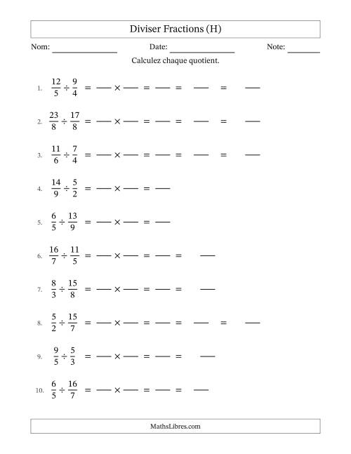 Diviser deux fractions impropres, et avec simplification dans quelques problèmes (Remplissable) (H)