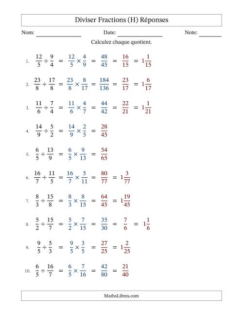 Diviser deux fractions impropres, et avec simplification dans quelques problèmes (Remplissable) (H) page 2