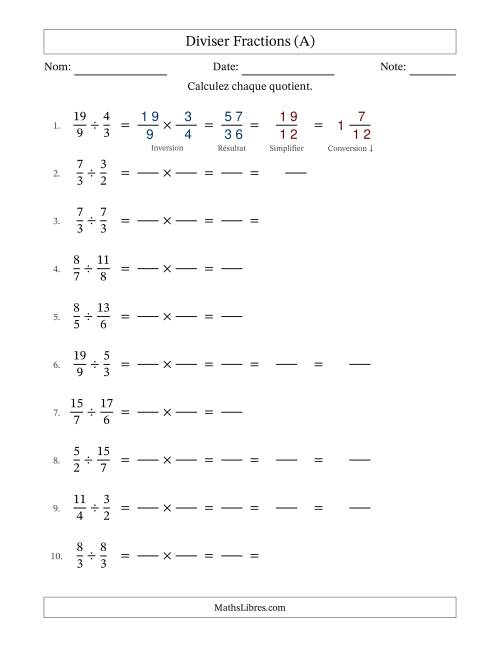 Diviser deux fractions impropres, et avec simplification dans quelques problèmes (Remplissable) (Tout)