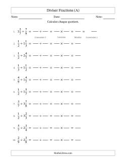 Diviser fractions propres et mixtes, et sans simplification (Remplissable)