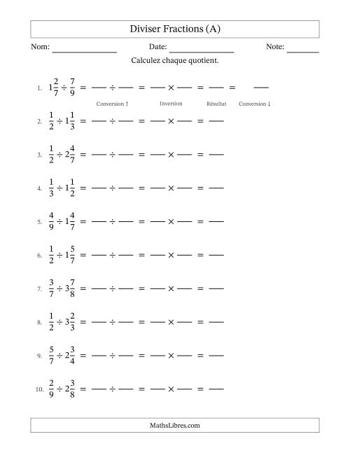 Diviser fractions propres et mixtes, et sans simplification (Remplissable) (A)