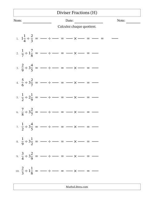 Diviser fractions propres et mixtes, et sans simplification (Remplissable) (H)
