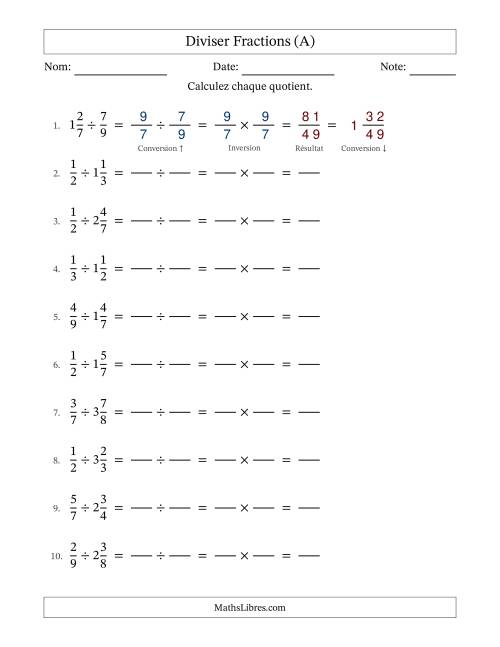 Diviser fractions propres et mixtes, et sans simplification (Remplissable) (Tout)