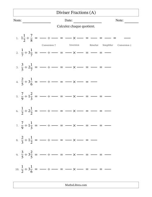 Diviser fractions propres et mixtes, et avec simplification dans quelques problèmes (Remplissable) (A)