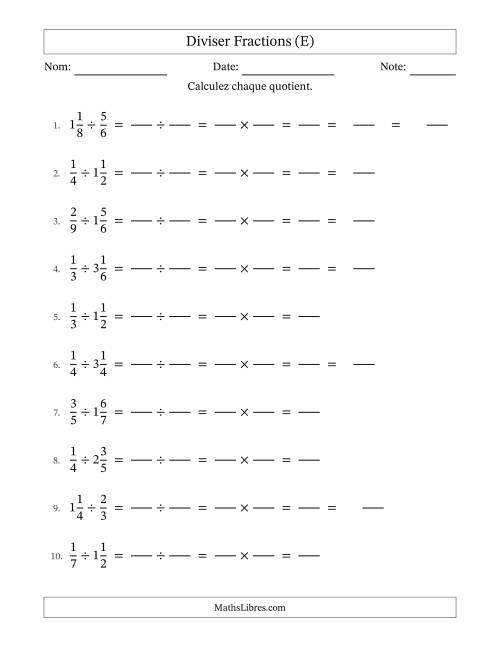 Diviser fractions propres et mixtes, et avec simplification dans quelques problèmes (Remplissable) (E)