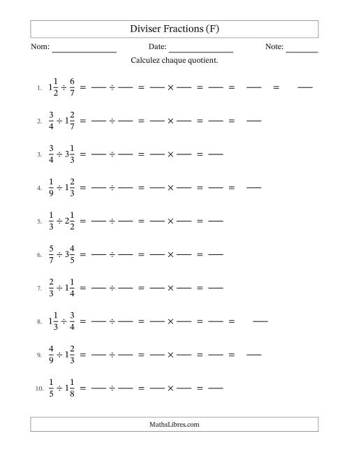 Diviser fractions propres et mixtes, et avec simplification dans quelques problèmes (Remplissable) (F)