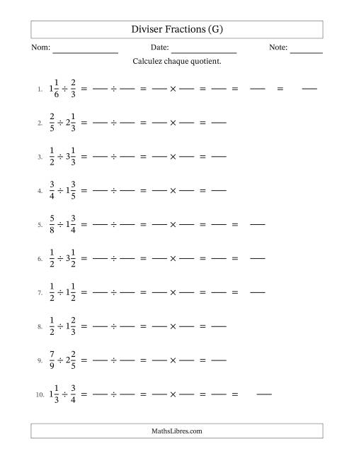 Diviser fractions propres et mixtes, et avec simplification dans quelques problèmes (Remplissable) (G)