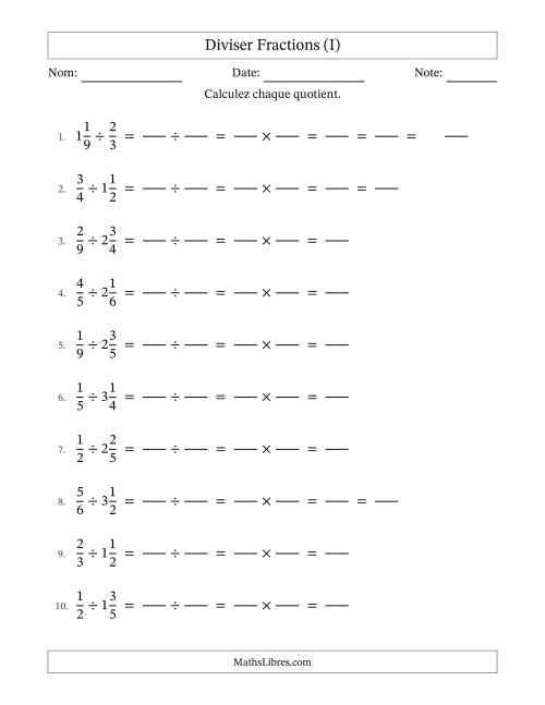 Diviser fractions propres et mixtes, et avec simplification dans quelques problèmes (Remplissable) (I)