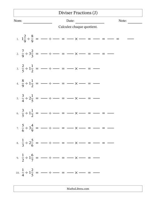 Diviser fractions propres et mixtes, et avec simplification dans quelques problèmes (Remplissable) (J)