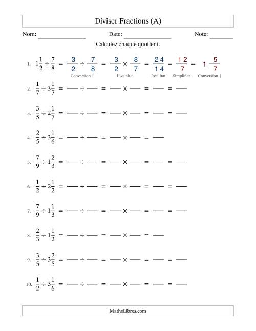 Diviser fractions propres et mixtes, et avec simplification dans quelques problèmes (Remplissable) (Tout)