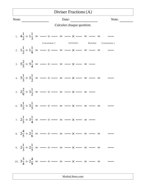 Diviser deux fractions mixtes, et sans simplification (Remplissable) (A)