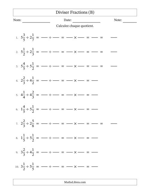 Diviser deux fractions mixtes, et sans simplification (Remplissable) (B)