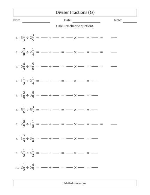 Diviser deux fractions mixtes, et sans simplification (Remplissable) (G)
