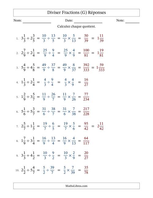 Diviser deux fractions mixtes, et sans simplification (Remplissable) (G) page 2