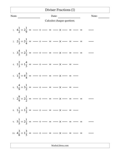 Diviser deux fractions mixtes, et sans simplification (Remplissable) (I)