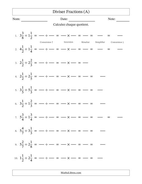 Diviser deux fractions mixtes, et avec simplification dans quelques problèmes (Remplissable) (A)