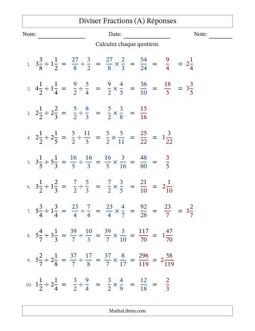 Diviser deux fractions mixtes, et avec simplification dans quelques problèmes (Remplissable) (A) page 2