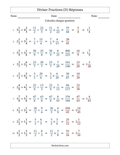 Diviser deux fractions mixtes, et avec simplification dans quelques problèmes (Remplissable) (D) page 2