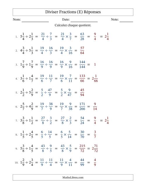 Diviser deux fractions mixtes, et avec simplification dans quelques problèmes (Remplissable) (E) page 2