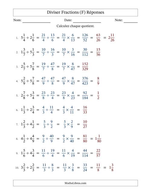 Diviser deux fractions mixtes, et avec simplification dans quelques problèmes (Remplissable) (F) page 2