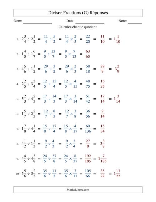 Diviser deux fractions mixtes, et avec simplification dans quelques problèmes (Remplissable) (G) page 2