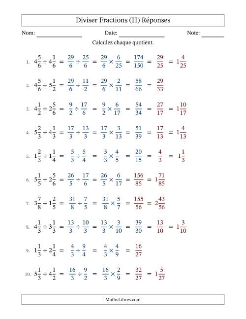 Diviser deux fractions mixtes, et avec simplification dans quelques problèmes (Remplissable) (H) page 2