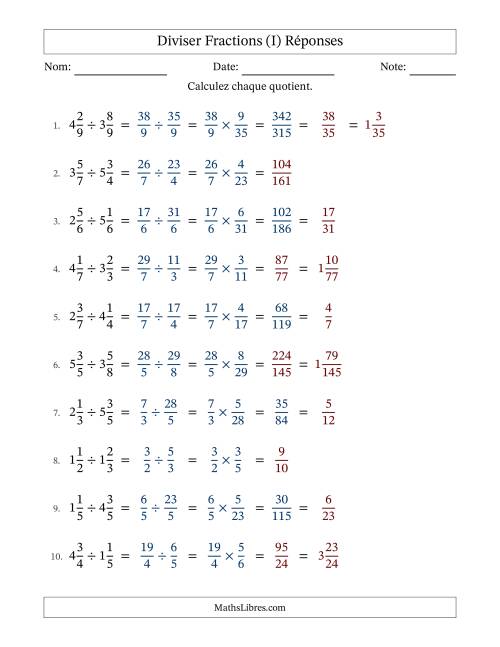 Diviser deux fractions mixtes, et avec simplification dans quelques problèmes (Remplissable) (I) page 2