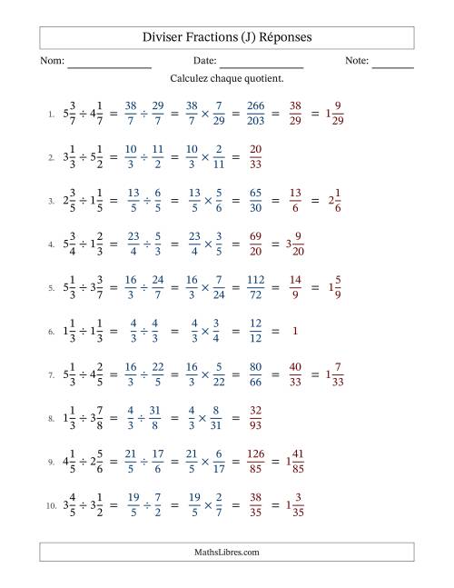 Diviser deux fractions mixtes, et avec simplification dans quelques problèmes (Remplissable) (J) page 2