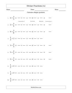 Diviser fractions propres con nombres éntiers, et sans simplification (Remplissable)