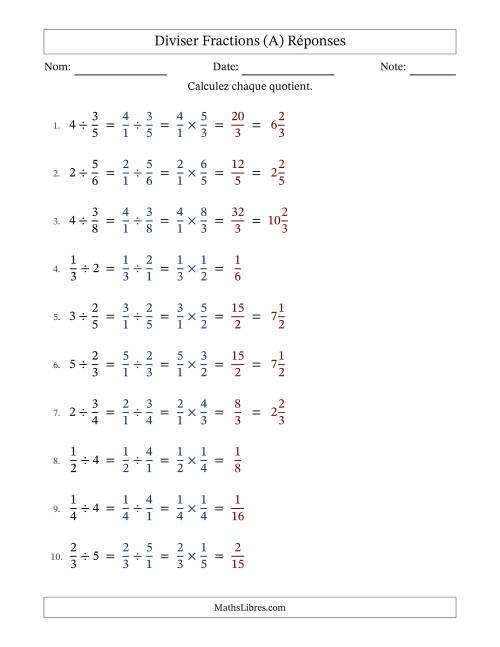 Diviser fractions propres con nombres éntiers, et sans simplification (Remplissable) (A) page 2