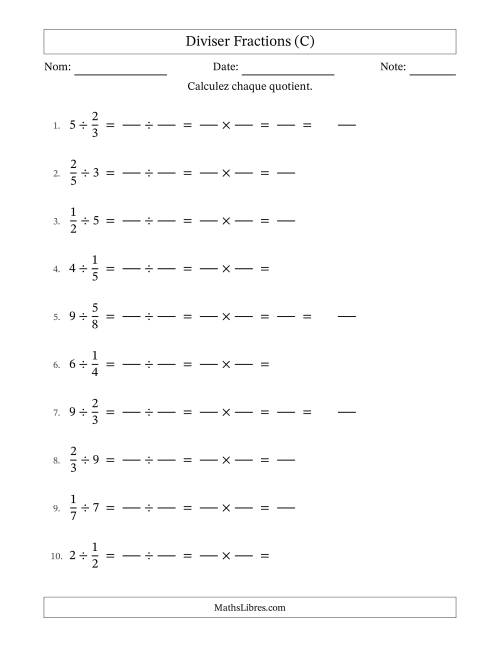 Diviser fractions propres con nombres éntiers, et sans simplification (Remplissable) (C)