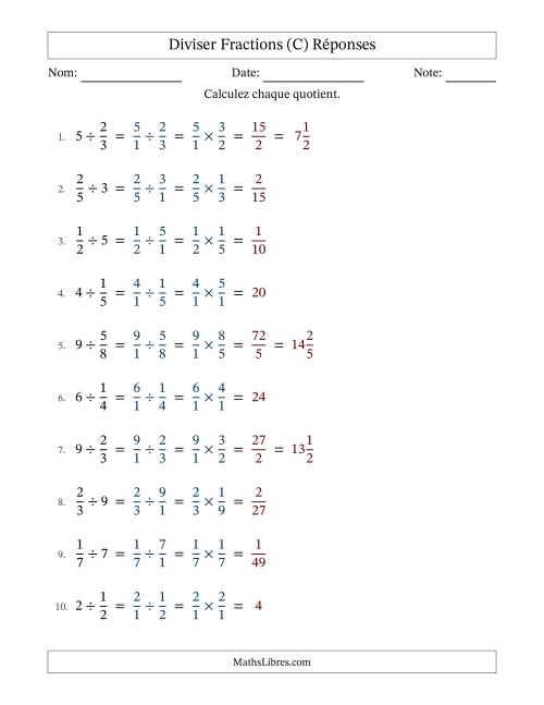 Diviser fractions propres con nombres éntiers, et sans simplification (Remplissable) (C) page 2