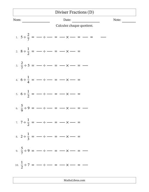 Diviser fractions propres con nombres éntiers, et sans simplification (Remplissable) (D)