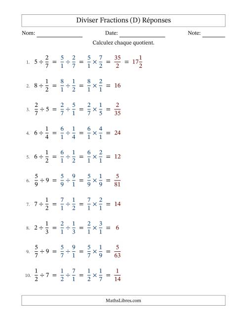 Diviser fractions propres con nombres éntiers, et sans simplification (Remplissable) (D) page 2