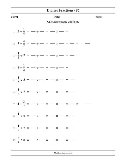 Diviser fractions propres con nombres éntiers, et sans simplification (Remplissable) (F)