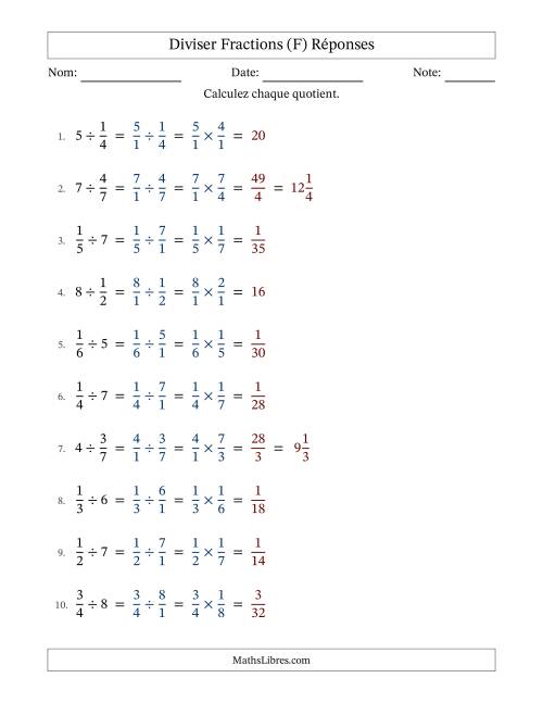 Diviser fractions propres con nombres éntiers, et sans simplification (Remplissable) (F) page 2