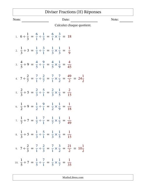 Diviser fractions propres con nombres éntiers, et sans simplification (Remplissable) (H) page 2