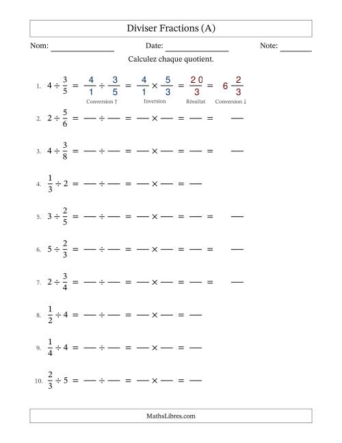 Diviser fractions propres con nombres éntiers, et sans simplification (Remplissable) (Tout)