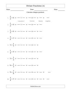 Diviser fractions propres con nombres éntiers, et avec simplification dans quelques problèmes (Remplissable)