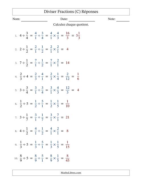 Diviser fractions propres con nombres éntiers, et avec simplification dans quelques problèmes (Remplissable) (C) page 2