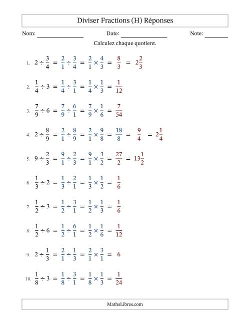 Diviser fractions propres con nombres éntiers, et avec simplification dans quelques problèmes (Remplissable) (H) page 2