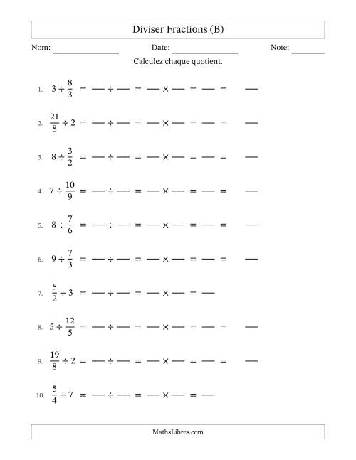 Diviser Improper Fractions con nombres éntiers, et sans simplification (Remplissable) (B)