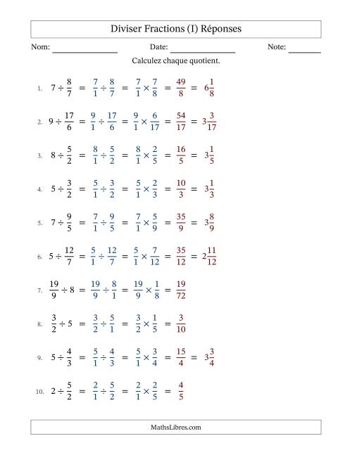 Diviser Improper Fractions con nombres éntiers, et sans simplification (Remplissable) (I) page 2