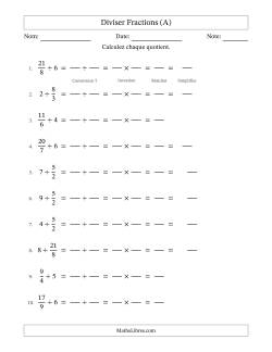 Diviser Improper Fractions con nombres éntiers, et avec simplification dans quelques problèmes (Remplissable)