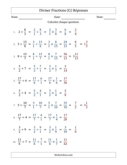 Diviser Improper Fractions con nombres éntiers, et avec simplification dans quelques problèmes (Remplissable) (G) page 2