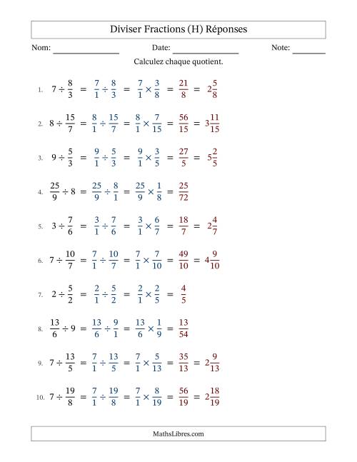 Diviser Improper Fractions con nombres éntiers, et avec simplification dans quelques problèmes (Remplissable) (H) page 2
