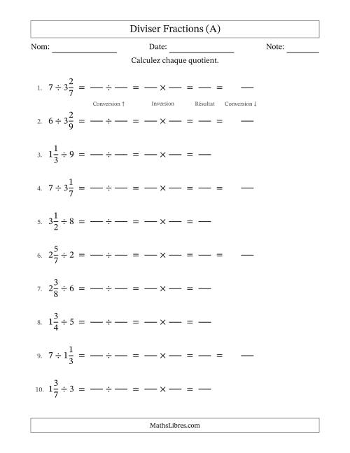 Diviser fractions mixtes con nombres éntiers, et sans simplification (Remplissable) (A)