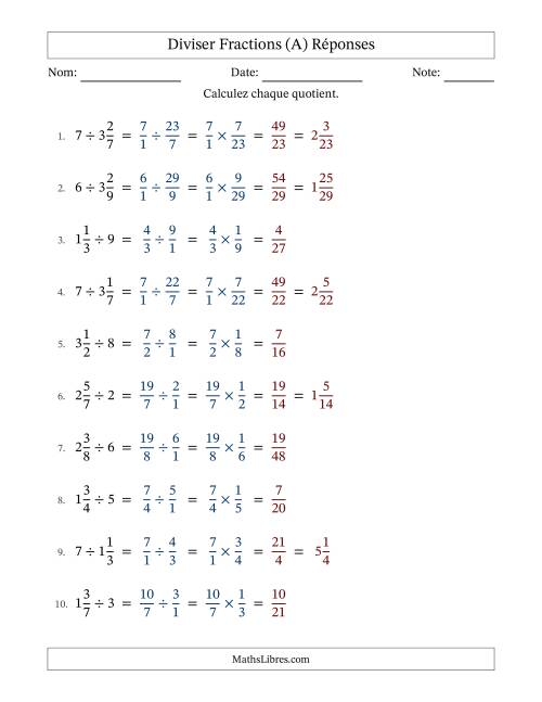 Diviser fractions mixtes con nombres éntiers, et sans simplification (Remplissable) (A) page 2
