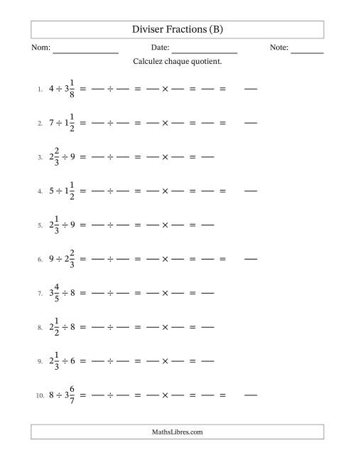 Diviser fractions mixtes con nombres éntiers, et sans simplification (Remplissable) (B)
